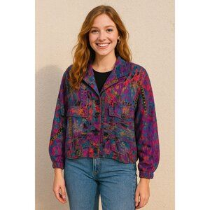 Vintage 90s Silkworms Abstract Blaze Jacket L Colorful Funky Boho Retro Art